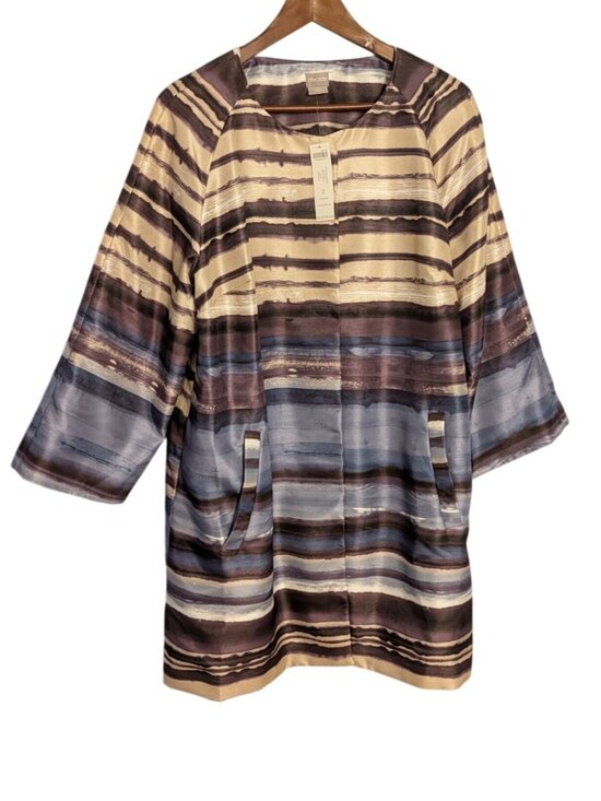Chico's Jackets & Blazers - Chicos Satin Shantung Topper Jacket Sz 12 Watercolor Stripes 3/4 Sleeves lg